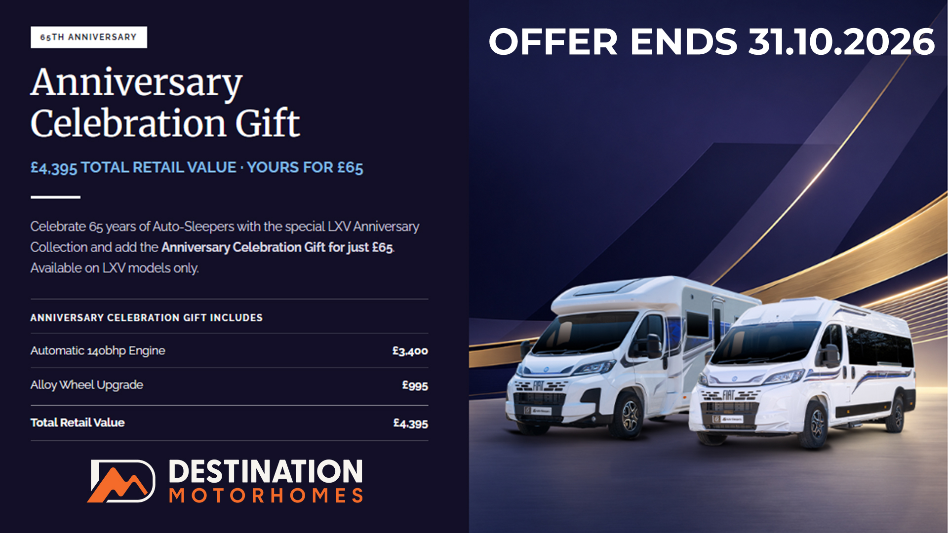 LXV Anniversary Celebration Gift: automatic 140bhp engine and alloy wheel upgrade, £4,395 value for £65. Ends 31st October 2026.